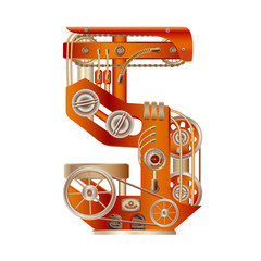 Arabic numeral 5, made in the form of a mechanism with moving and stationary parts on a steam, hydraulic or pneumatic draft. Isolated freely editable objects on a white background.