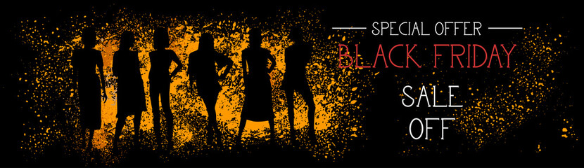 Black Friday Special Offer Sale Off Horizontal Banner With People Silhouettes On Grunge Stroke Background Vector Illustration
