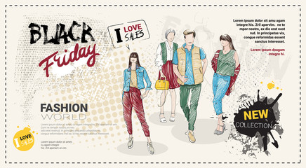 Black Friday Sale Template Brochure With Hand Drawn Fashion Models And Copy Space, New Collection Of Clothes Discounts Concept, Shopping Poster Vector Illustration