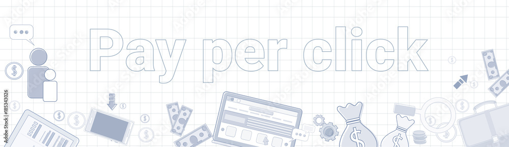 Poster pay per click text on squared notebook paper background horizontal web banner vector illustration