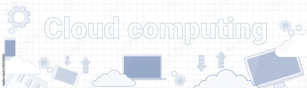 Poster cloud computing text on squared notebook paper background horizontal web banner vector illustration