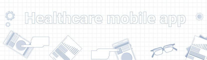Healthcare Mobile App Word On Squared Background Horizontal Banner Online Medical Treatment Concept Vector Illustration