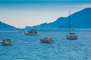 Fototapeta na wymiar Bay with boats next to Lerici town in Liguria, Italy