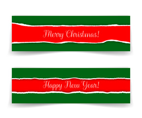 Merry Christmas and Happy New Year banners in grunge style with realistic torn paper borders. Vector illustration for greeting cards, invitations, web headers or advertising