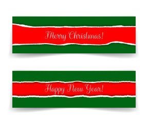 Fototapeta premium Merry Christmas and Happy New Year banners in grunge style with realistic torn paper borders. Vector illustration for greeting cards, invitations, web headers or advertising