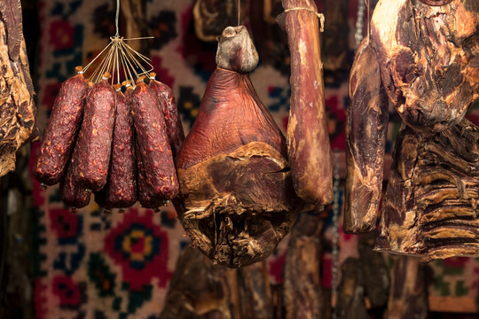 Romanian traditional meat products, by smoked pork hanging in smokehouse