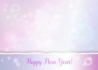 Happy New Year banner with turn paper edge, snowflakes and light effects. Pastel pink and violet bokeh background with text for Christmas banner or header, invitation, greeting card
