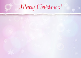 Merry Christmas banner with turn paper edge, snowflakes and light effects. Pastel pink and violet bokeh background with text for New Year banner or header, invitation, greeting card