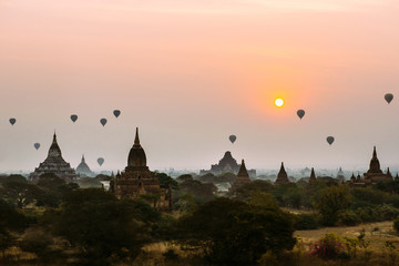 BAGAN, MYANMAR - March 6, 2017: Group of temples in Bagan. Ancient Pagoda. Sunrise in Bagan