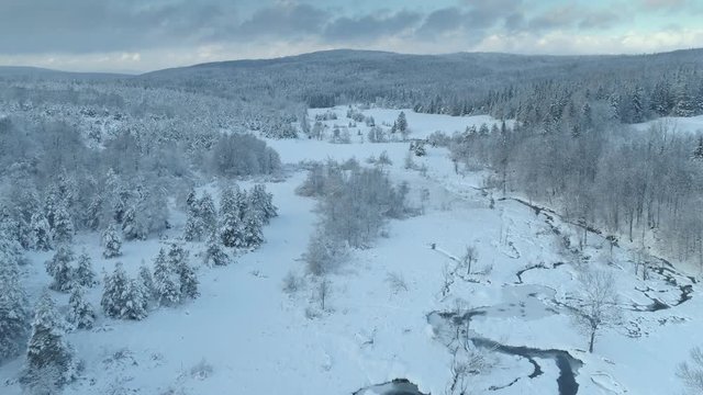 Aerial shot along the meadow among the Carpathian Mountains in winter 4K