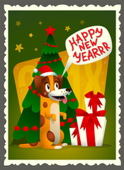 Vector Happy New year card. Retro style greeting card with cute dog, holiday gifts and Happy new year inscription. Yellow dog with santa claus red hat on a green Christmas background.