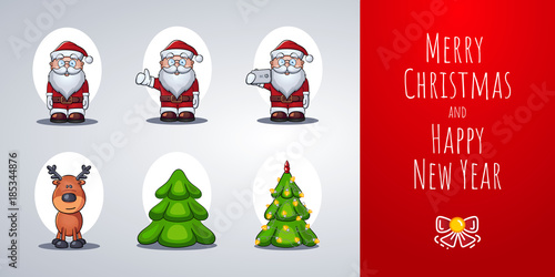 santa claus reindeer christmas tree set of vector cartoon