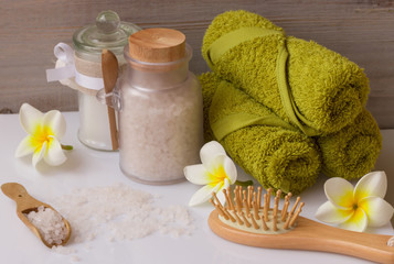 Spa set on white rustic wooden background