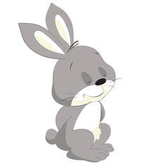 Fototapeta na wymiar Gray cartoon rabbit standing with closed eyes, rabbit, cute, bunny, animal, cartoon, illustration, baby