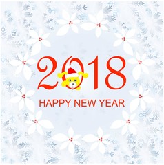 Typography banner red 2018, Happy New Year. Blue snowflakes frame, holly wreath, yellow funny cute dog watercolor effect on white stock vector illustration