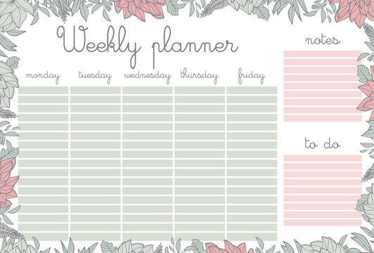 Weekly planner with flowers, stationery organizer for daily plans, floral vector weekly planner template, schedules
