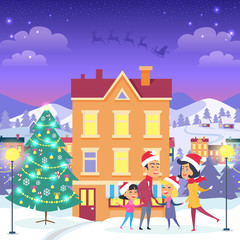 Obraz na płótnie Canvas Happy Family near Urban House and Christmas Tree