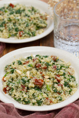 salad quinoa with kale and dried tomato on white plate