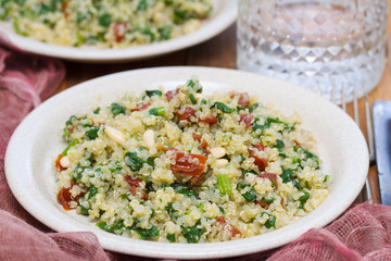 salad quinoa with kale and dried tomato on white plate