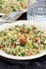 salad quinoa with kale and dried tomato on white plate