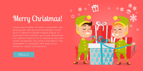 Merry Christmas. Elves Standing near Gift Boxes