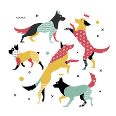 Bright, simple print of 5 dogs.