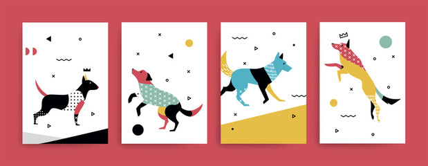A set of cards withdogs in the Memphis style.