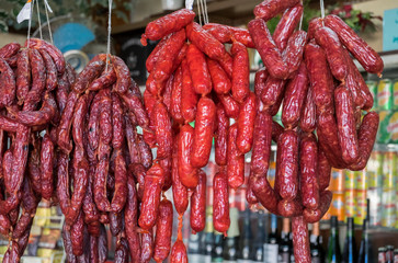 Homemade sausages for sale at Porto market (Mercado do Bolhao). Portugal