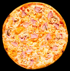 pizza with ham and mushrooms, isolated