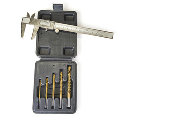 Drill routers for the wood work with caliper on the white background