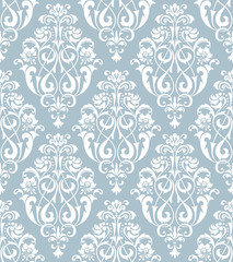  Floral pattern. Wallpaper baroque, damask. Seamless vector background. Blue and white ornament.