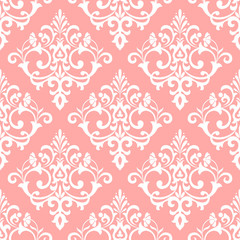 Floral pattern. Wallpaper baroque, damask. Seamless vector background. Pink and white ornament. Stylish graphic pattern
