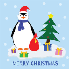 Merry Christmas. Penguin near Christmas tree and gifts on the ice