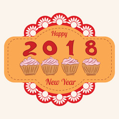 New year label with numbers 2018 and cupcakes