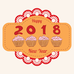 New year label with numbers 2018 and cupcakes