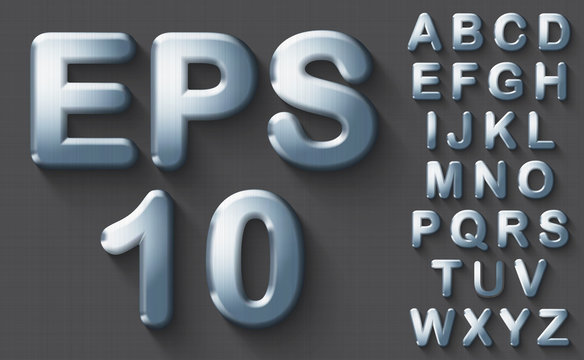 Set of polished steel 3D uppercase bold english letters. Steel metallic font on gray background. Good typeset for technology and production concepts. Transparent shadow, EPS 10 vector illustration.