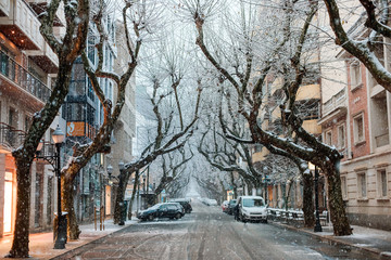 Snowfall in small spanish town Denia in winter
