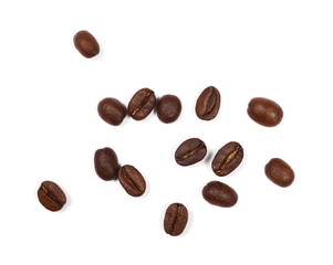 Coffee beans pile isolated on white background and texture, top view
