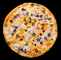 pizza with bacon and mushrooms, isolated