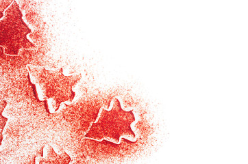 Christmas trees of red dry spice, copy space, top view, isolated.