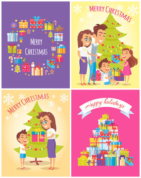 Merry Christmas Happy Holidays Postcard Set Vector