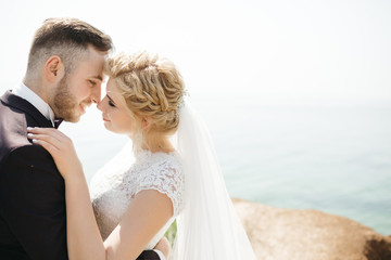 Wedding couple stands on the cliff before the sea