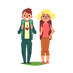 Couple of happy tourists, man and woman, with backpacks, cartoon vector illustration isolated on white background. Happy couple of tourists travelling with backpacks, sightseeing, honeymoon trip
