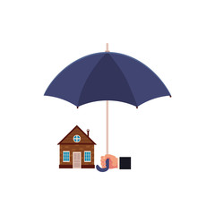 Vector flat house insurance concept. Private house being protecting from disasters by business hand holding big umbrella. Natural disaster insurance scenes. Isolated illustration on a white background