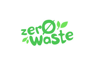 Zero waste handwritten text title sign with green eco leaves. Waste management concept isolated illustration on white background.