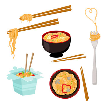 Chinese, Japanese, Asian noodle set – bowl, chopstick, takeout box, fork, cartoon vector illustration isolated on white background. Box, bowl, fork and chopsticks with noodle, Asian fast food