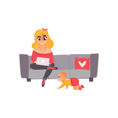 Young mother, woman, girl on parental leave sitting on sofa with laptop, working from home, freelancer, flat cartoon vector illustration isolated on white background. Mother, woman working from home
