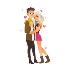 Vector young couple in love dating at valentine s day. Cartoon beautiful characters in casual clothing hugging, embrasing expressing care, positive emotions. Isolated illustration, white background