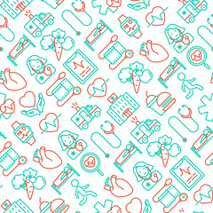 Cardiology seamless pattern with thin line icons: cardiologist, stethoscope, hospital, pulsometer, cardiogram, heartbeat. Modern vector illustration.