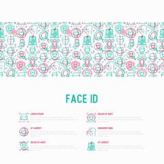 Face ID concept with thin line icons: face recognition, scanning, mobile authentication, approved, disapproved, face detect. Modern vector illustration, template for web page.